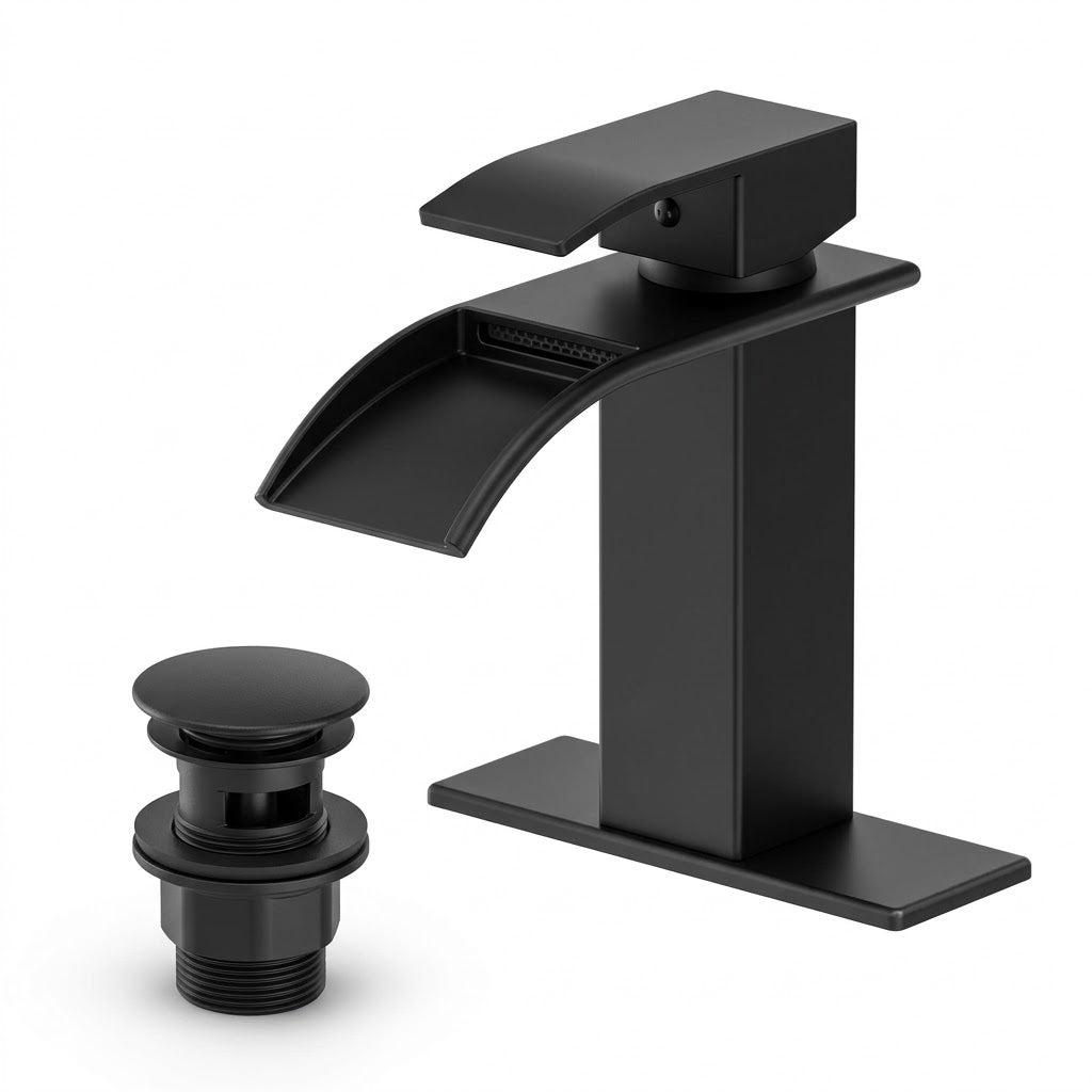 Modern Matte Black Waterfall Single-Hole Bathroom Faucet Set