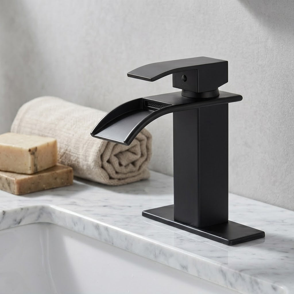 Modern Matte Black Waterfall Single-Hole Bathroom Faucet Set