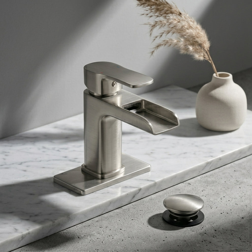 Modern Brushed Nickel Waterfall Single-Hole Bathroom Faucet Set